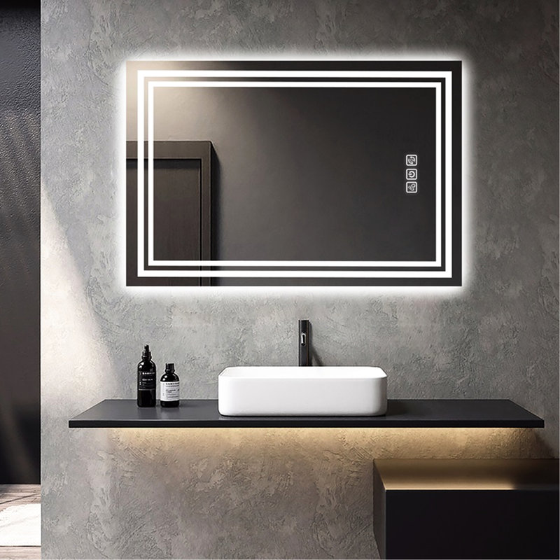 Miroir de salle de bain mural 40 po x 32 po à DEL, 5 minutes, 3 couleurs réglables, Cri90 +, Full Hd, miroir à mémoire de forme HD de 32 mm, à intensité variable, monté, activé