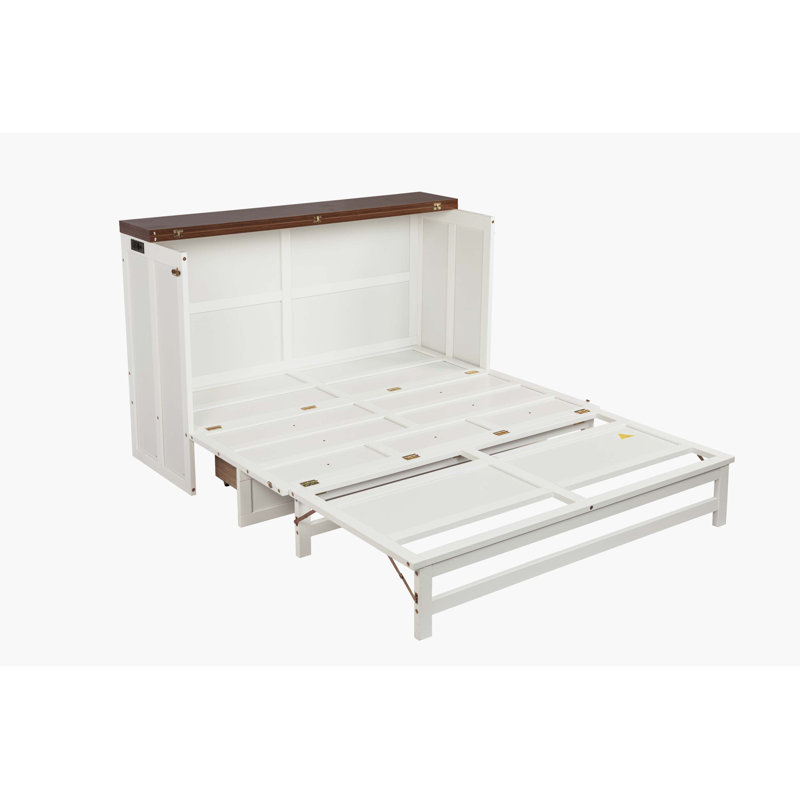 Armoire lit escamotable en pin massif blanc et noyer blanc avec tiroir de rangement, station de charge, port USB - pour le bureau personnel, le studio ou la chambre d'amis