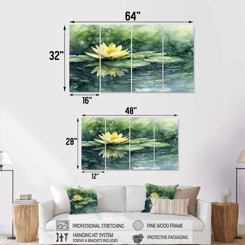 «Water Lotus Flower Tranquiity At The Pond II», art mural lotus, décoration murale moderne, H 32 po x l 64 po, 4