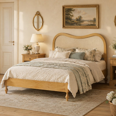 Wood Platform Bed Frame with Curved Rattan Inset Headboard & Turned Legs
