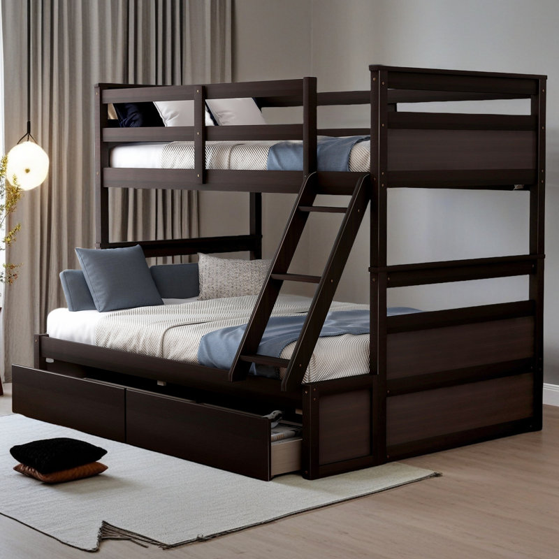Lit simple superposé au dessus d'un lit double avec rangement, Espresso