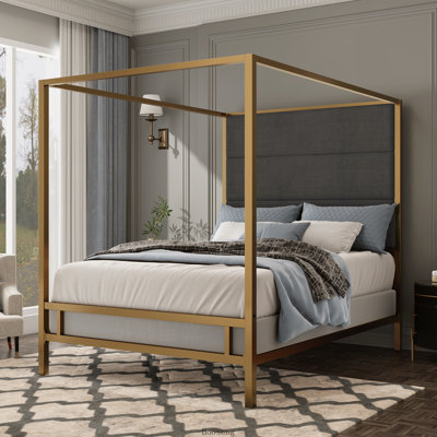Lit à baldaquin King Gold Metal 4-baloped, tête de lit capitonnée en lin de 194 cm de hauteur, sommier requis, gris foncé