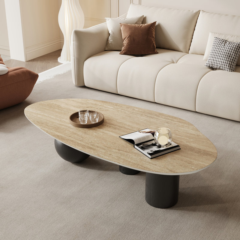 Table basse ovale moderne de 54 po avec plateau en pierre frittée, conception stable à profil bas pour le salon, Noir / brun