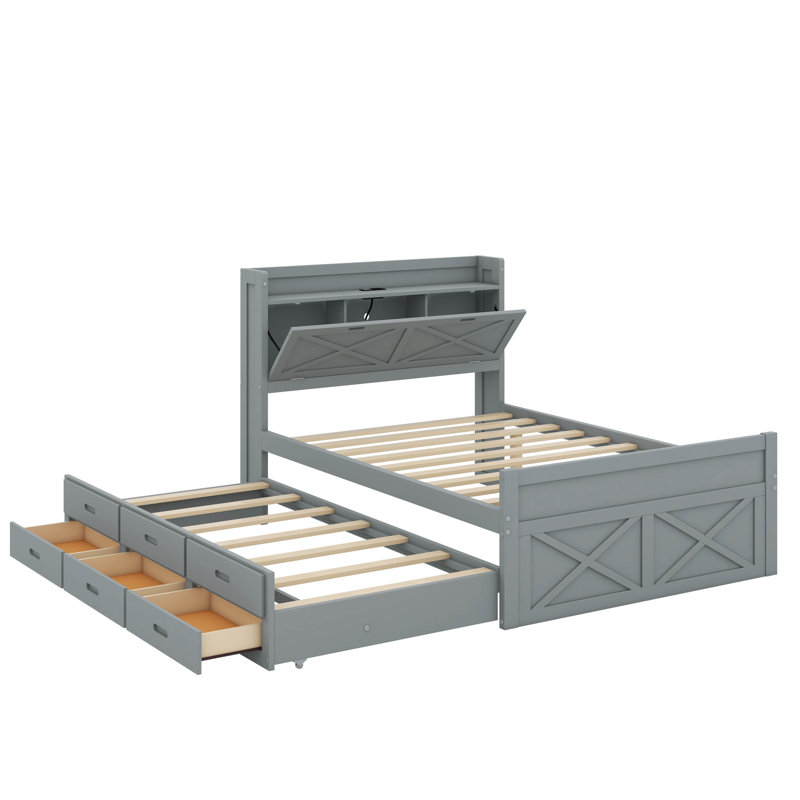Lit double en bois avec lit gigogne simple et trois tiroirs de rangement, Gris