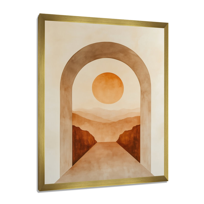 Arche décorative dessert coucher de soleil orange et brun - Tableau encadré désertique, H 20 po x l 12 po, Encadrement doré