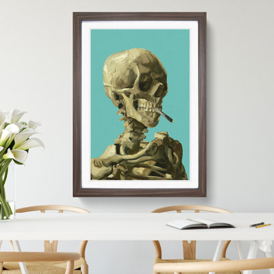 Teal Skull of a Skeleton with Cigarette by Vincent Van Gogh - Picture Frame Graphic Art on MDF
