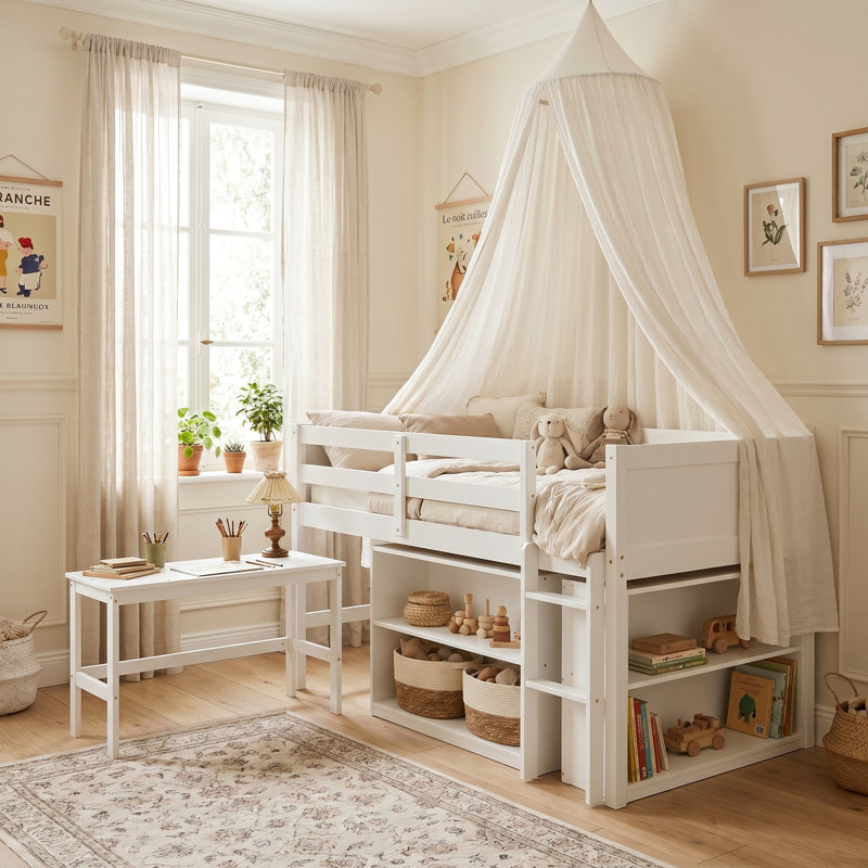 Solid Wood Twin Loft Bed With Desk & Bookshelves, White Finish, For Kids Room