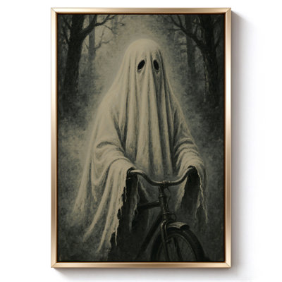 Fantôme à capuchon d'Halloween dans un cimetière, tableau sur toile encadré, cadre beige, 50 x 75 cm