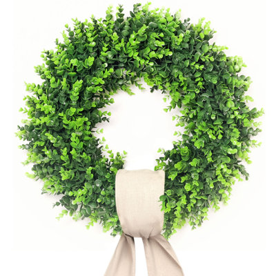 Grande couronne de buis de 24 à 26 po pour la porte d'entrée, le porche et la fenêtre - couronnes de buis verdoyantes pliables pour décoration intérieure de mariage à la ferme - printemps, été, automne, toutes saisons (avec ceinture)