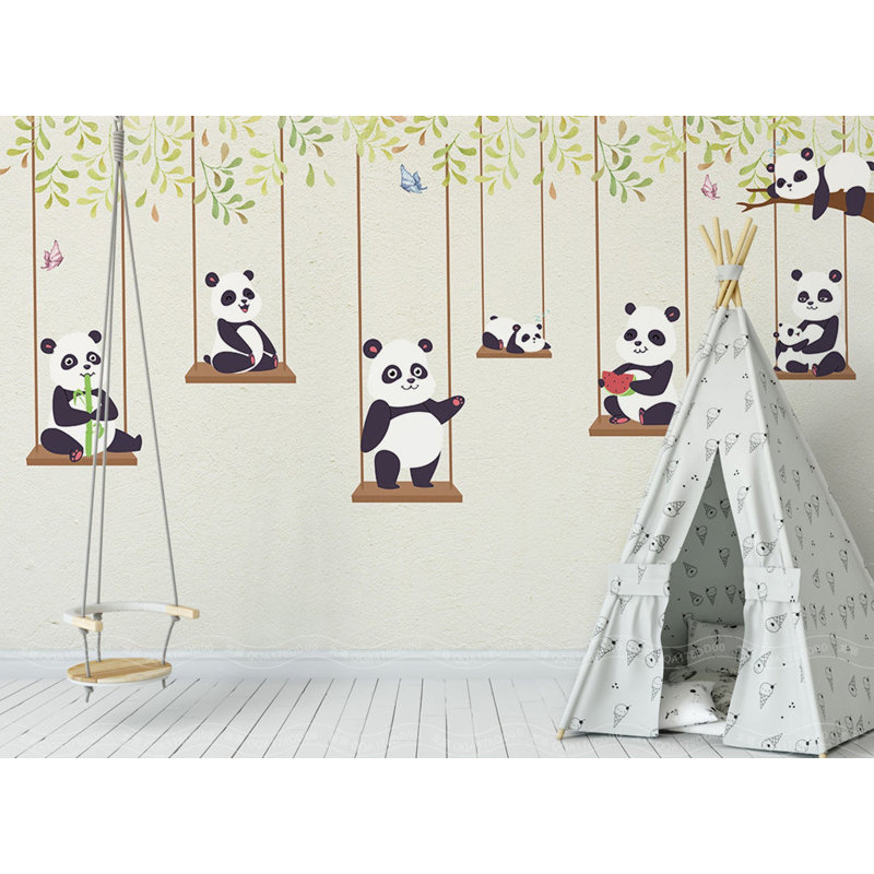 Papier peint texturé amovible Pandas Swinging On A Swing Butterflies Kids, l 75 po x L 49 po