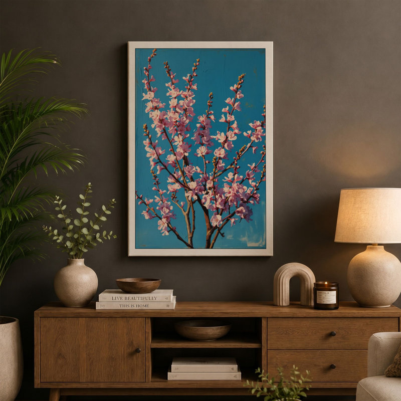 Cherry Blossom Branch Botanical - Wrapped Canvas, 30x20 - 76.2 x 50.8 cm, Teal Border