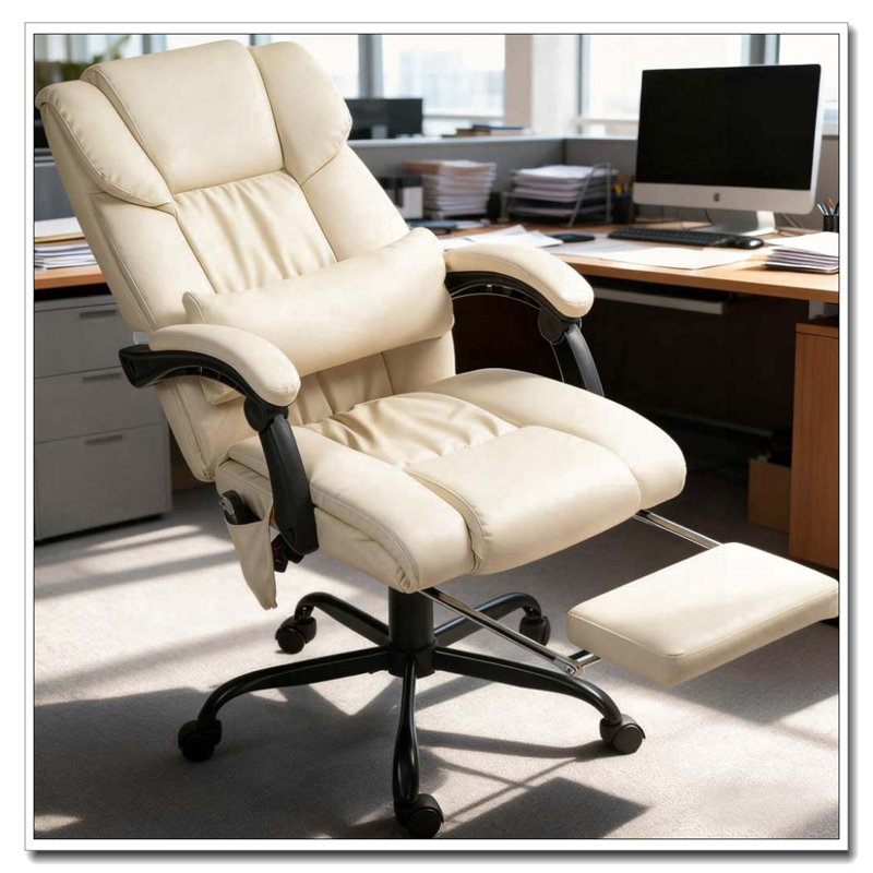 Luxury Office Chair With Massage Function Reclining Design And Footrest, Beige