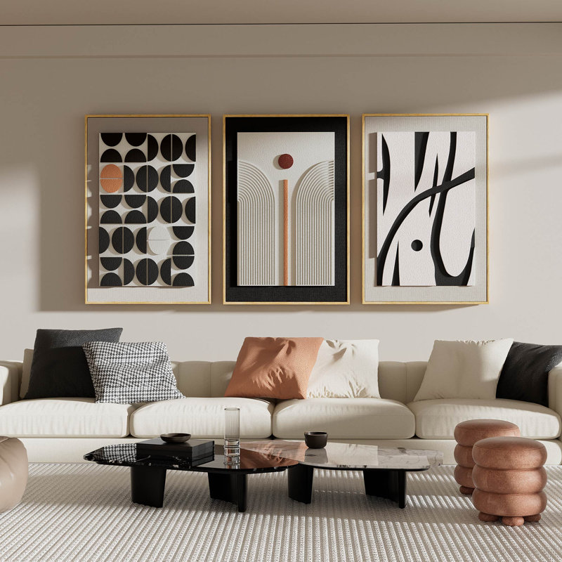 3 Piece Framed Wall Art Set, Modern Abstract Geometric Design, 24x36 Inch (Set of 3), Geometric Cubist - Sandstone Texture