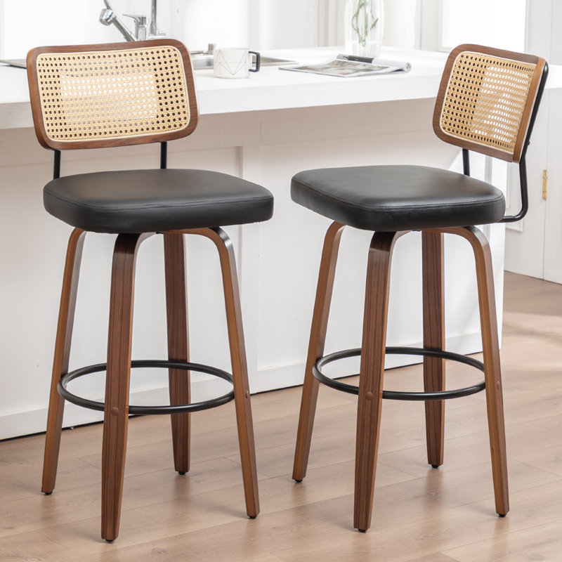 Tabourets de bar pivotants à dossier en canne avec siège en similicuir, Tabouret de bar (siège d'une hauteur de 30,7 po)