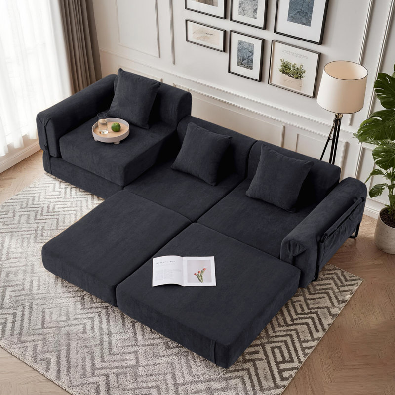 3-seater Boneless Convertible Folding Sofa Bed With Storage Pocket & Modular Design, Black Polyester Blend