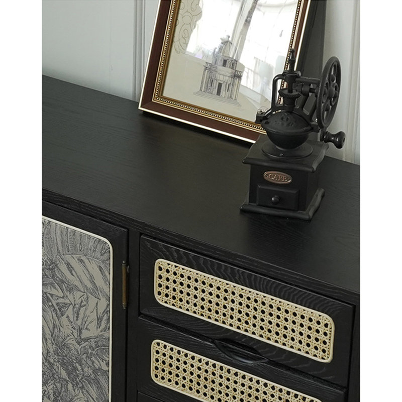 Armoire d'appoint en rotin de style rétro, Noir, noir, noir, noir