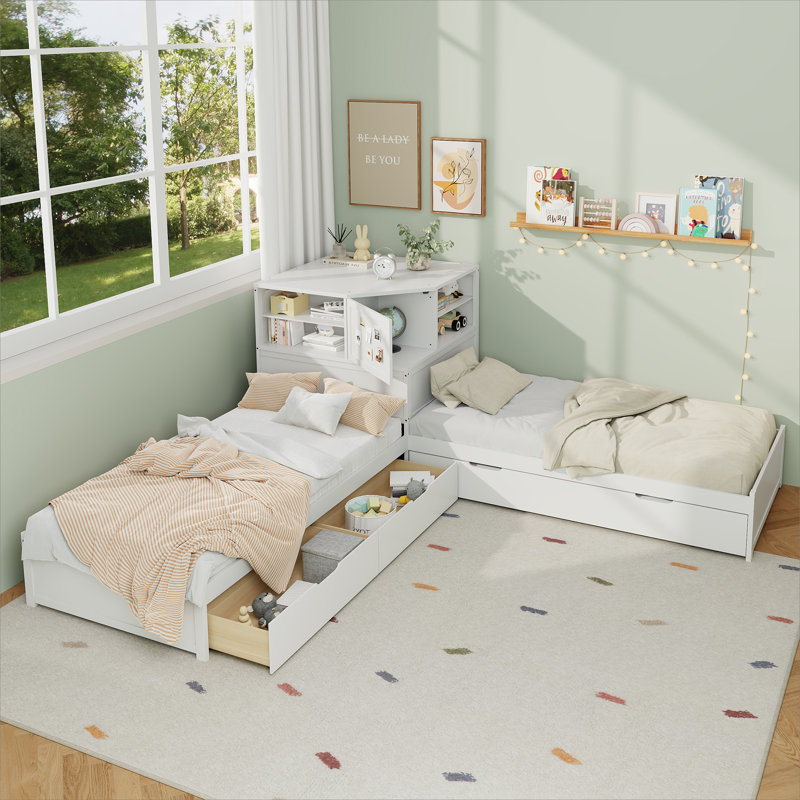 L-Shaped Storage Bed with Trundle and Drawer, White
