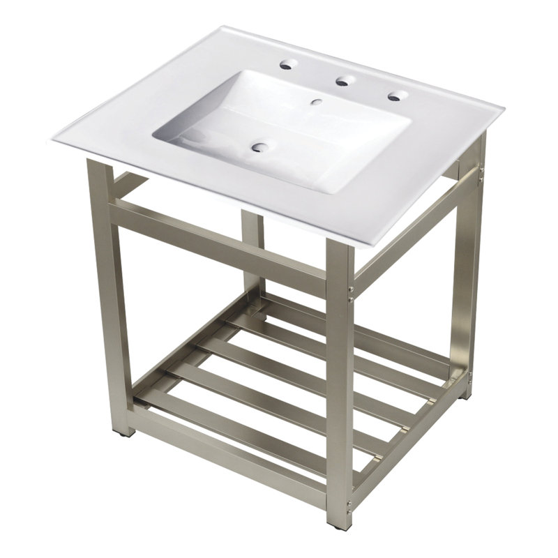 Lavabo de salle de bain console en céramique avec trop-plein, Blanc / Chrome, Centres de 8 po