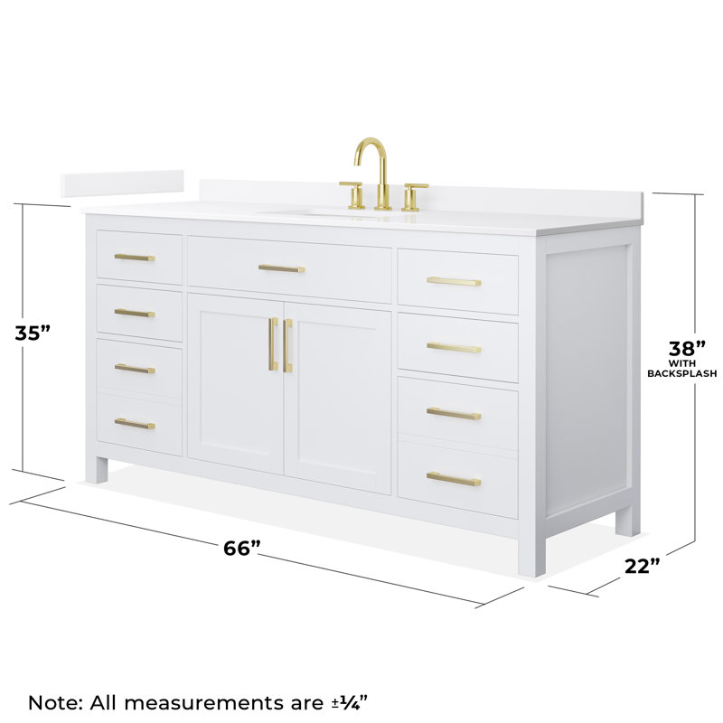 Beckett 66" Freestanding Single Bathroom Vanity with Quartz Top, Brushed Gold, White, White Quartz