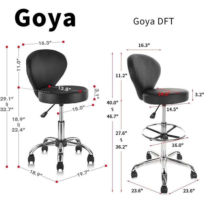 Backed Adjustable Height Ergonomic Lab Stool with Wheels, Black