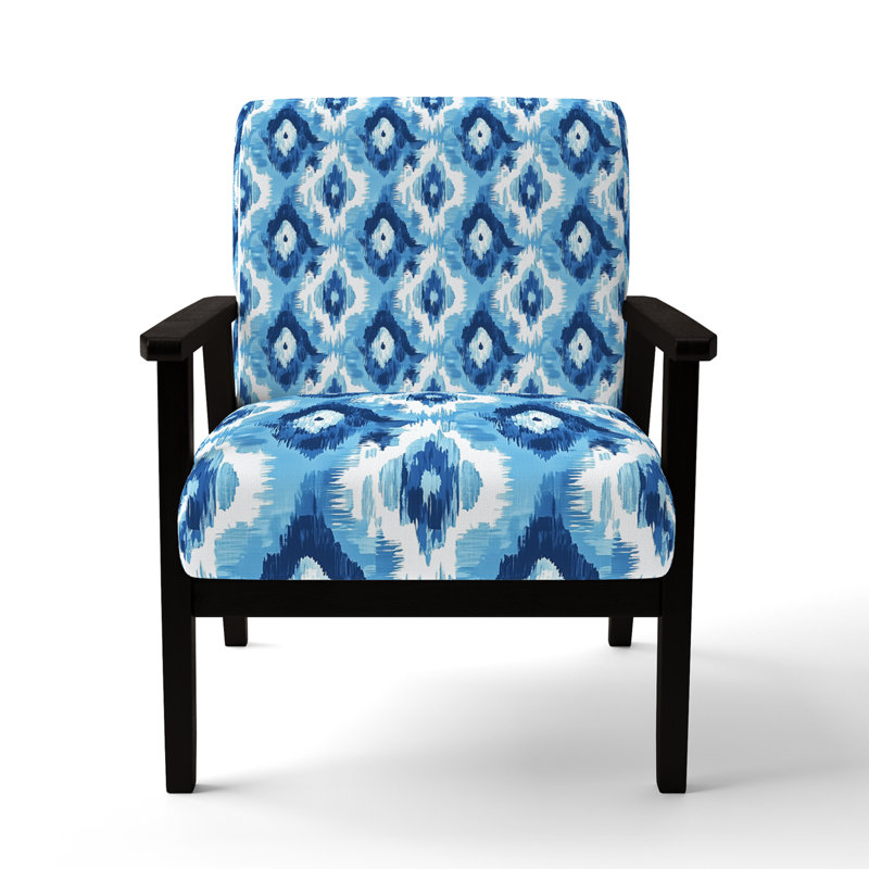 Chaise rembourrée Coastal - Fauteuil bleu Ikat Ocean, Accoudoirs carrés noirs
