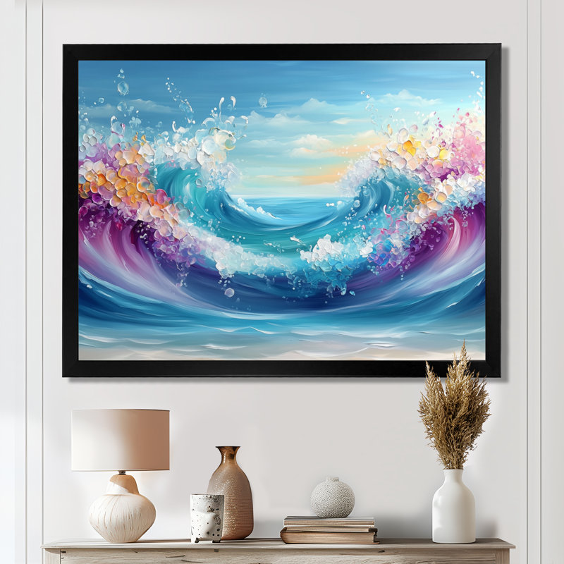 Encre rose et bleue «Oceanic Waves I» - art mural côtier, H 24 po x l 32 po, Cadre de photo unique, Noir, noir, noir, noir