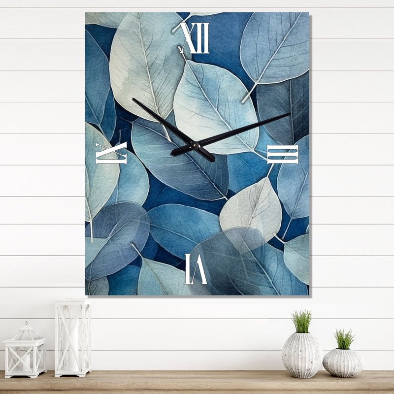Harmonie des feuilles grises et bleues - Très grandes horloges murales florales, Grand