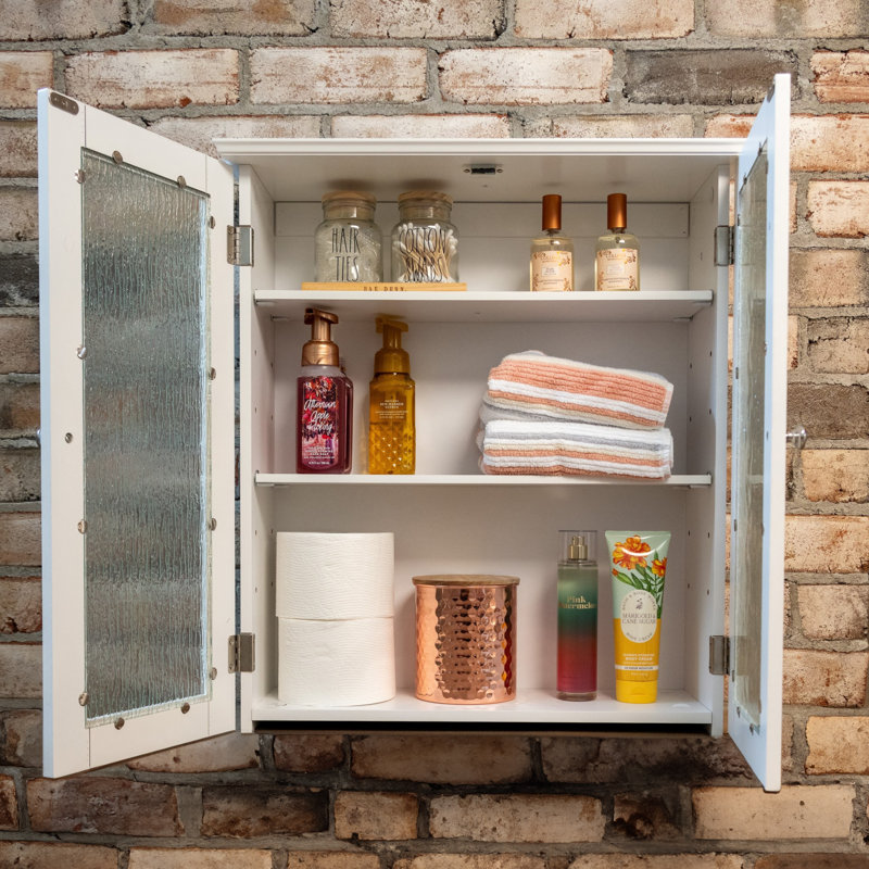 Removable Two-Door Wall Cabinet with Water-Textured Glass and Adjustable Shelves, White