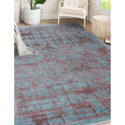 Tapis bleu clair / cuivre noué à la main de haute qualité