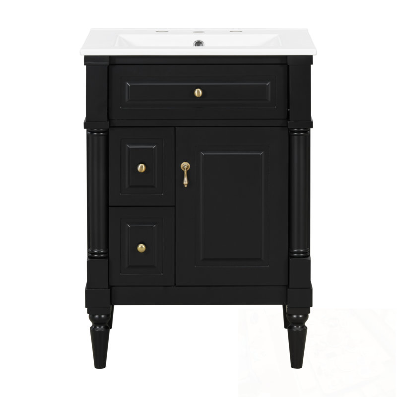 Meuble-lavabo avec lavabo, 2 tiroirs et tablettes de porte, Noir, 24'