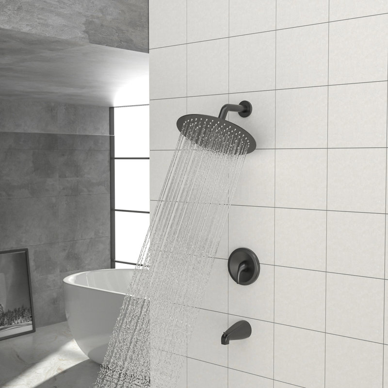 10" Round Rain Shower Head Systems With Waterfall Tub Spout, Matte Black,Wall Mounted Shower