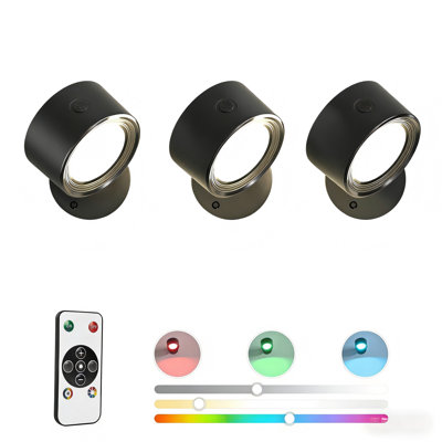 Paquet de 3 appliques murales sans fil à DEL RVB Lightbiz - 3000 mAh, télécommande à intensité variable, 3 couleurs, rotation magnétique à 360 °