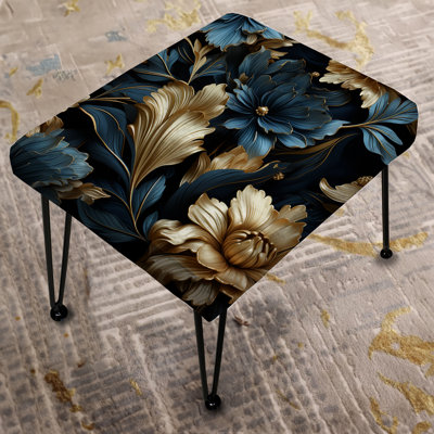 Dark Blue And Golden Techno Damask Realm - Damask Rectangle Ottoman