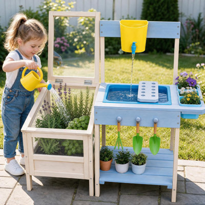 Cuisine de boue pour enfants de 3 ans et plus, banc de rempotage extérieur avec visionneuse de racines transparente, évier amovible et outils de jardinage, cuisine de jeu en bois pour les tout-petits garçons et filles