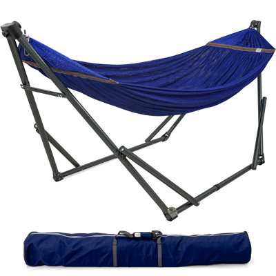  Camping Hammock and Stand, Collapsible Camping Hammock and Stand, 600 lbs Capacity Foldable Hammock for 2 Persons, Premium Noiseless No Screws Heavy Duty Multifunctional Stand, Blue