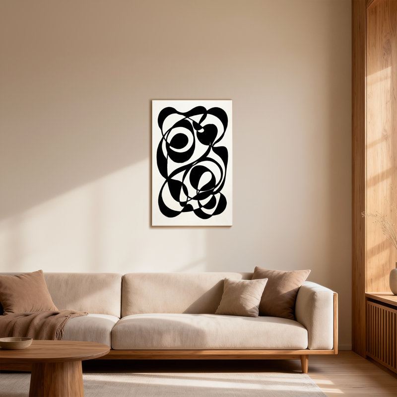 Motif de lignes courbes abstraites en noir et blanc, H 36 po x l 24 po