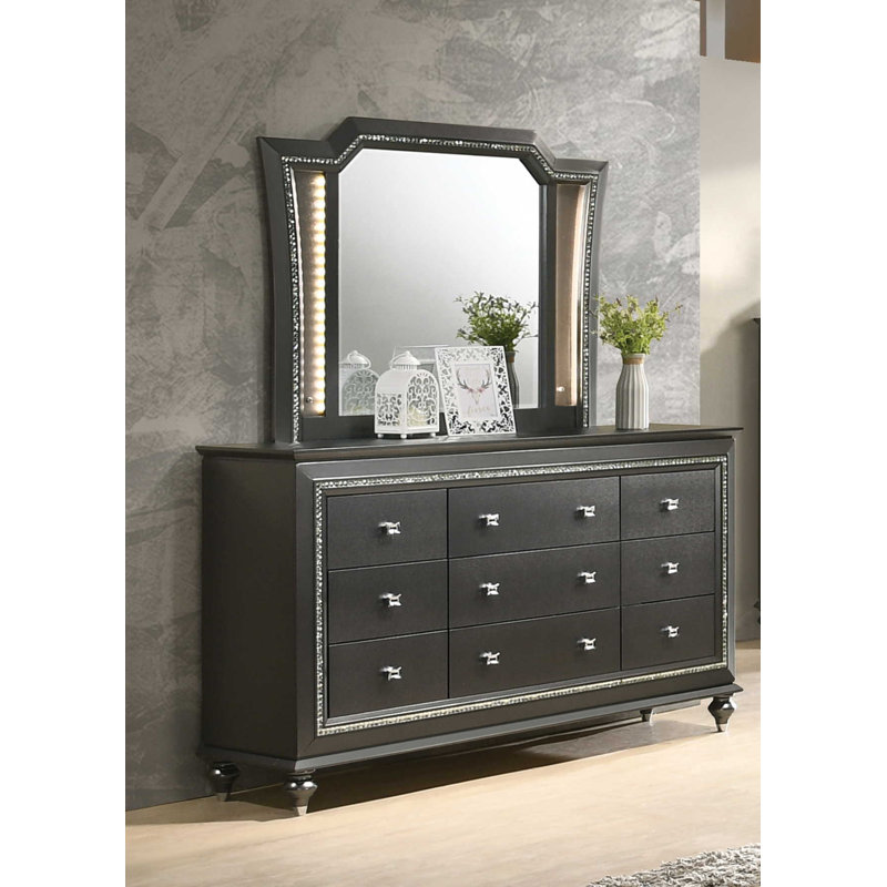 Commode 9 tiroirs Narron, Gris métallisé