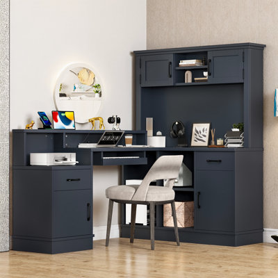 Bureau en L de 76 po avec prises intégrées - 4 armoires, 2 tiroirs, 5 tablettes, hauteur de 54 po, centre de jeu d'angle pour jeux / études, 157 lb