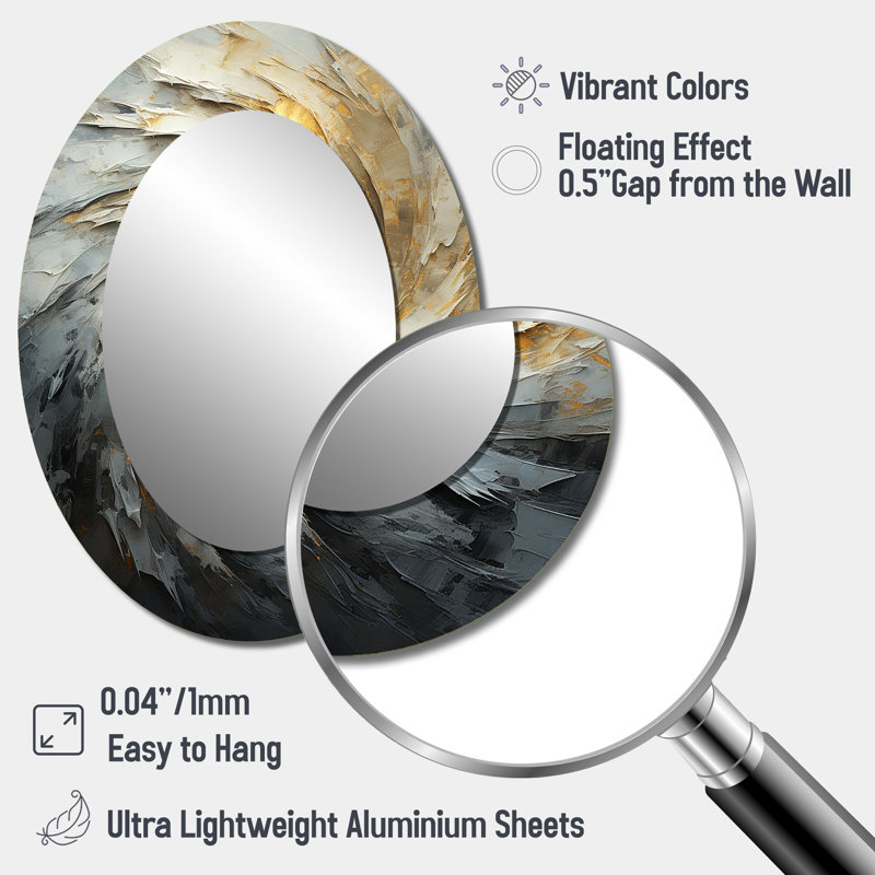 Gold And White Abstract Spiral Collage - Large Oval Wall Mirror On Metal, 40" x 30"