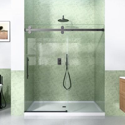 Enceinte de porte de douche coulissante sans cadre l 56 à 60 po x H 72 po, verre trempé de 15 cm d'épaisseur (8 mm), quincaillerie noir mat