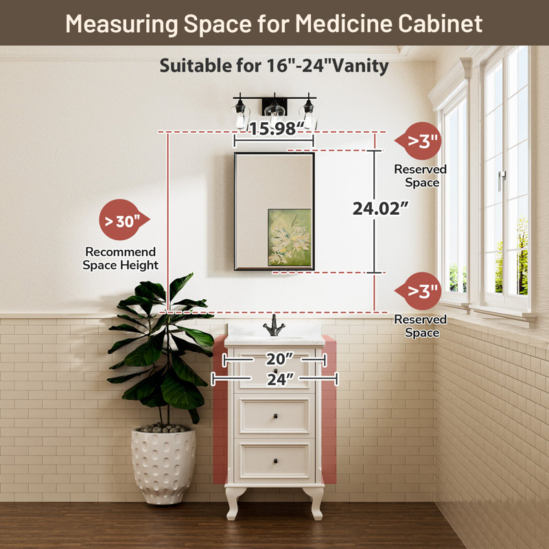 Cyrille Recessed & Surface Framed Medicine Cabinet with Mirror and Shelves, 24" H x 16" W x 5.2" D, Nickel