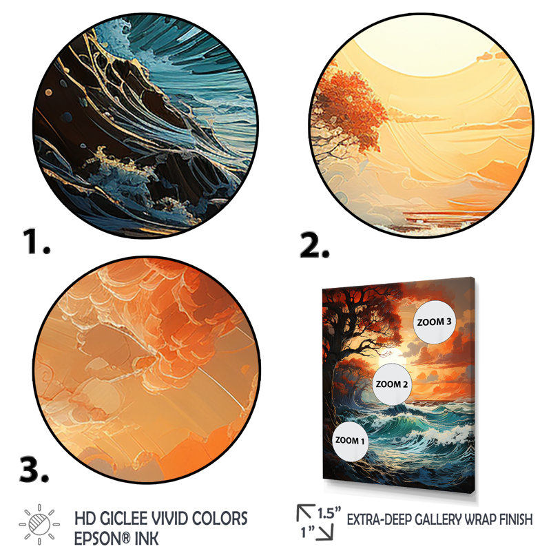 Coucher de soleil sur les vagues côtières - art mural abstrait, Cadre flottant blanc, H 32 po x l 16 po x P 1 po