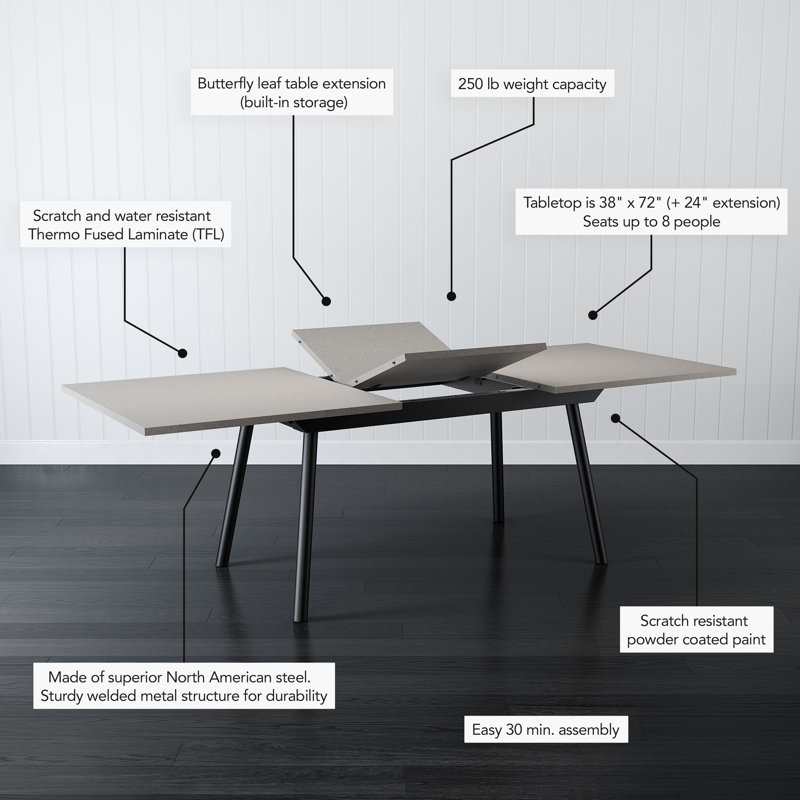 Natoya Extendable Dining Table with butterfly leaf, Gray/Black
