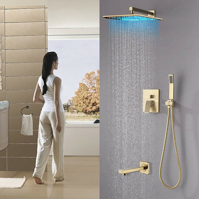 Robinet de douche Mosson Gold Ultra-mince carré effet pluie – Système mural à 3 fonctions de 30,5 cm (12 po)