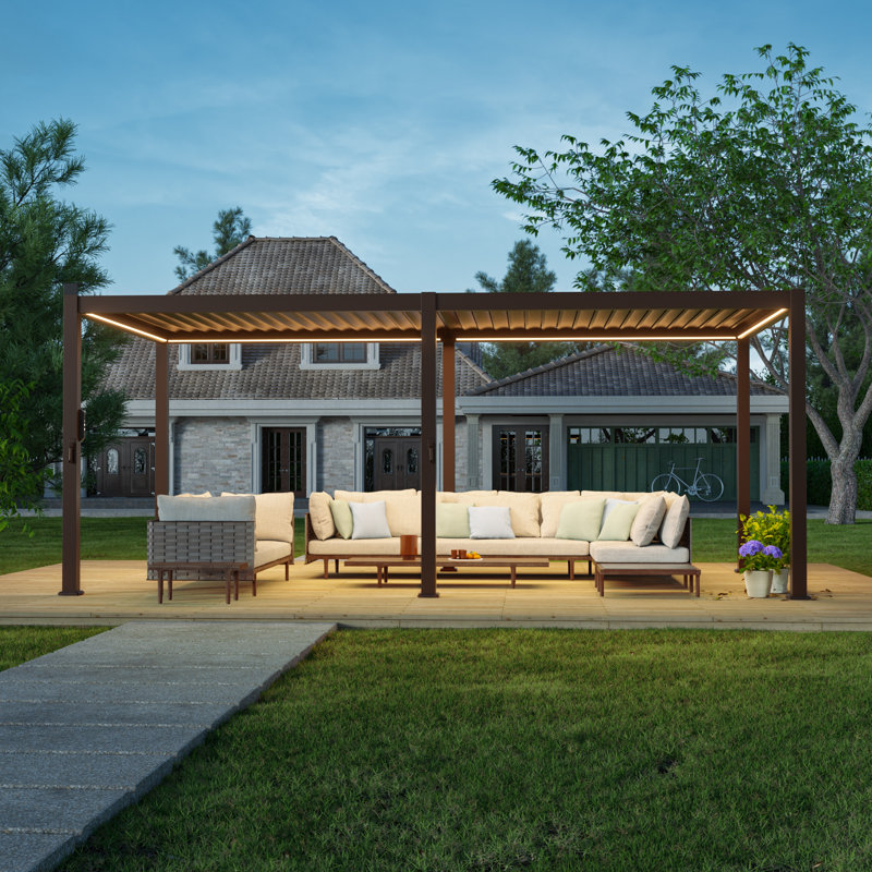LED Light Metal Pergola with Adjustable Louvered Roof with Solar LED, 10 ft x 20 ft