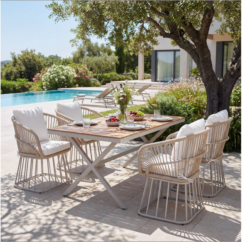 Ensemble repas d'extérieur 5 pièces - Table rectangulaire en bois de teck + 4 chaises en osier avec coussins, structure en acier, finition teck, parfait pour la terrasse, le patio ou le jardin