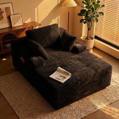 Oversized Plush Corduroy Chaise Lounge Chair Indoor Sleeper Reading Upholstered Sofa With Ottoman Corduroy Cloud Sofa Plush Chair Couch Bed for Living Room Bedroom with Cup Holder (Black)