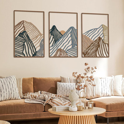 Peryiter 3 pièces, art mural en métal de montagne, ligne de montagne, décoration abstraite, minimaliste, rustique, nature pour la salle de bain (couleurs vives)