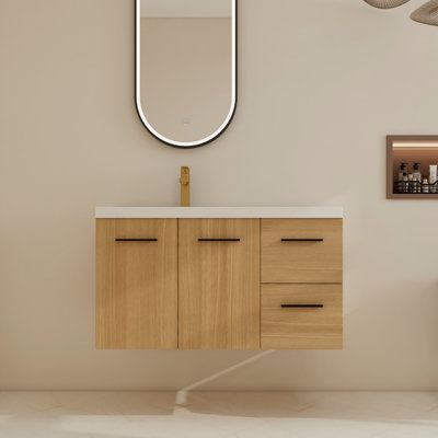 Ensemble de meuble-lavabo mural simple 36 po avec lavabo supérieur en résine gauche, meuble-lavabo flottant avec porte à fermeture en douceur et tiroirs