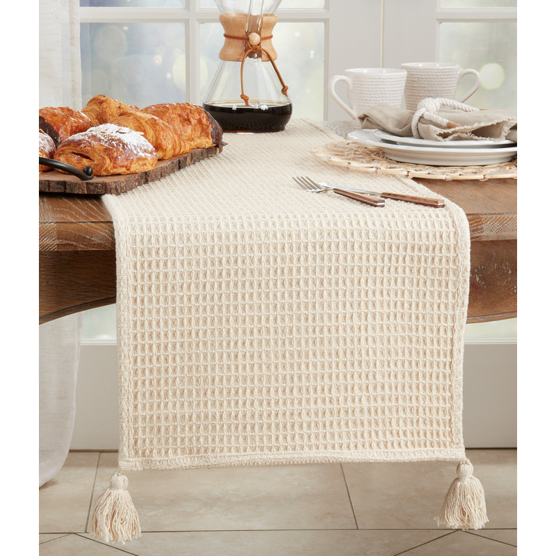 Beige Cotton Waffle Weave Table Runner with Tassels